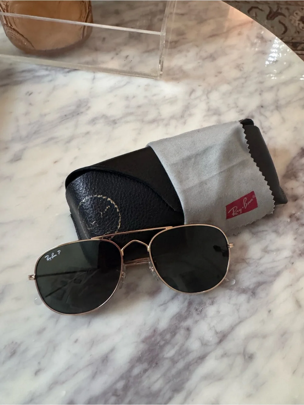 Ray-Ban Polarized Gold Frame Sunglasses with Dark Lenses RB3735
